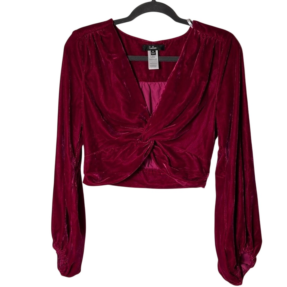 Women‎ M Lulus Spreading Cheer Magenta Velvet Knot-Front Long Sleeve Crop Top